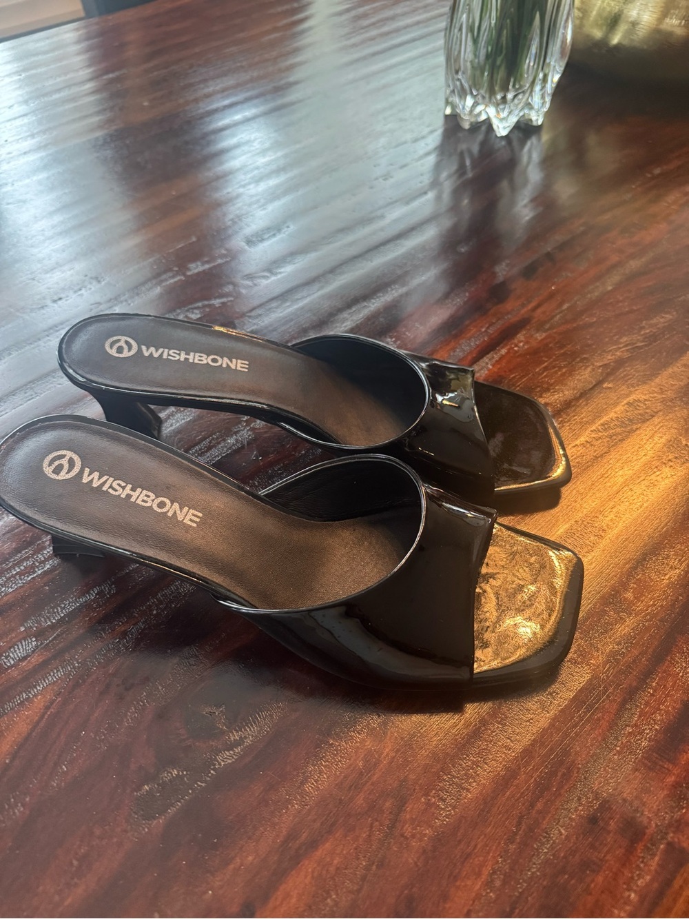 Wishbone Women's Black Patent Open-Toe Slide Heels Size 10